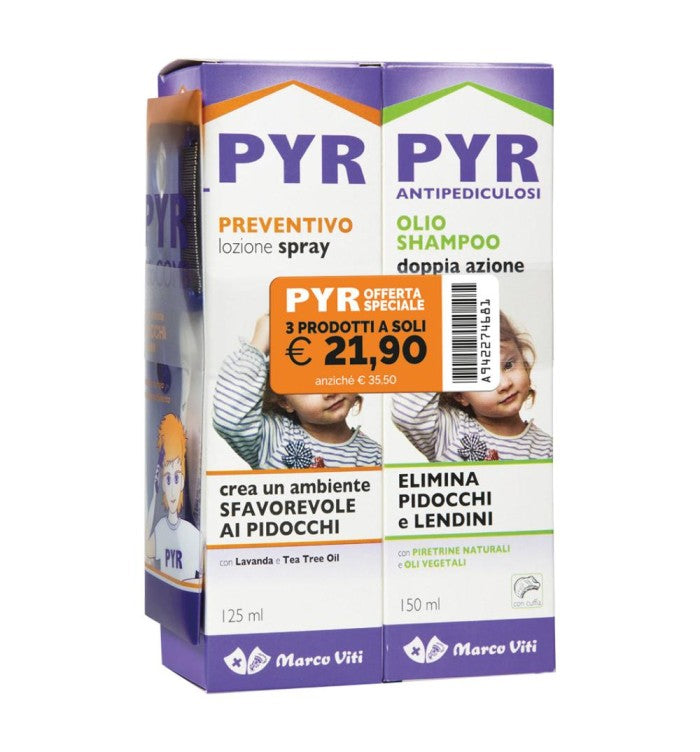 PYR ABB OLIO SHAMPOO ANTIPEDICULOSI + 1 OLIO SHAMPOO DOPPIA AZIONE + 1 LOZIONE SPRAY + 1 PETTINE LENDINI
