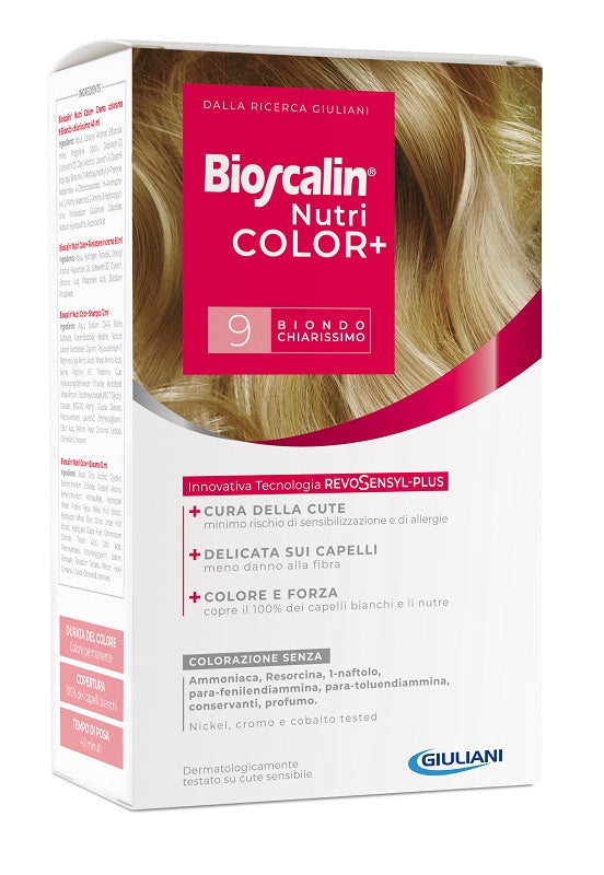 BIOSCALIN NUTRICOLOR PLUS 9 BIONDO CHIARISSIMO CREMA COLORANTE 40 ML + RIVELATORE CREMA 60 ML + SHAMPOO 12 ML + TRATTAMENTO FINALE BALSAMO 12 ML