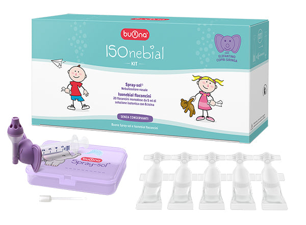 ISONEBIAL KIT PULIZIA CAVITA' NASALI 20 FLACONCINI MONODOSE 5 ML + SIRINGA LUER LOCK SOFT-JECK + AGO CANNULA + NEBULIZZATORE SPRAY