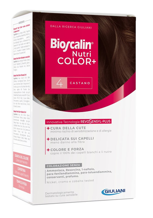 BIOSCALIN NUTRICOLOR PLUS 4 BROWN HAIR COLOR CREAM 40 ML + DEVELOPER CREAM 60 ML + SHAMPOO 12 ML + FINAL TREATMENT CONDITIONER 12 ML