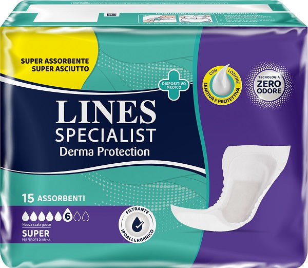 PANNOLONE PER INCONTINENZA LINES SPECIALIST DERMA PROTECTION SAGOMATO ANATOMICO SUPER 15 PEZZI