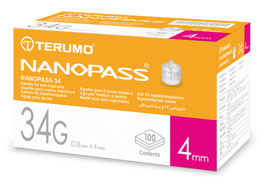 AGO PER PENNA DA INSULINA NANOPASS 34 GAUGE LUNGHEZZA 4 MM 100 PEZZI