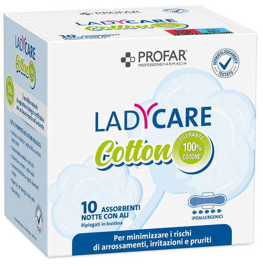 LADYCARE ASSORBENTI COTTON IPOALLERGENICI NOTTE CON ALI 10 PEZZI PROFAR