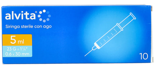SIRINGA PER INFUSIONE E IRRIGAZIONE ALVITA 5 ML CON AGO 23 GAUGE 1 1/4 0,6X30 MM 10 PEZZI