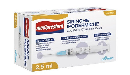SIRINGA IPODERMICA MEDIPRESTERIL AGO 23 GAUGE 1 1/4 0,6X30MM 2,5 ML 10 PEZZI