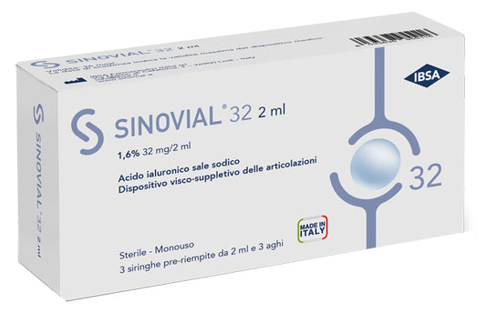 SIRINGA INTRA-ARTICOLARE SINOVIAL 32 ACIDO IALURONICO SALE SODICO 1,6% 32MG/2ML 3 SIRINGHE X 2ML + 3 AGHI