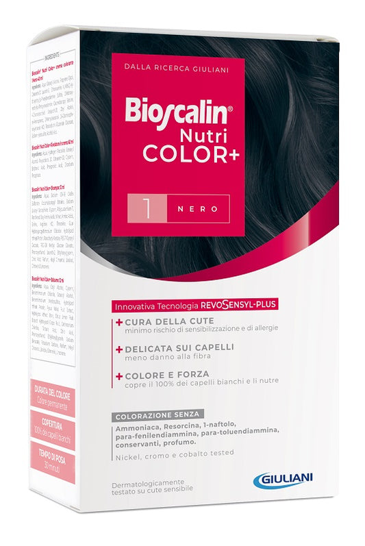 BIOSCALIN NUTRICOLOR PLUS 1 BLACK PERMANENT HAIR DYE CREAM 40 ML + DEVELOPER CREAM 60 ML + SHAMPOO 12 ML + FINAL TREATMENT CONDITIONER 12 ML