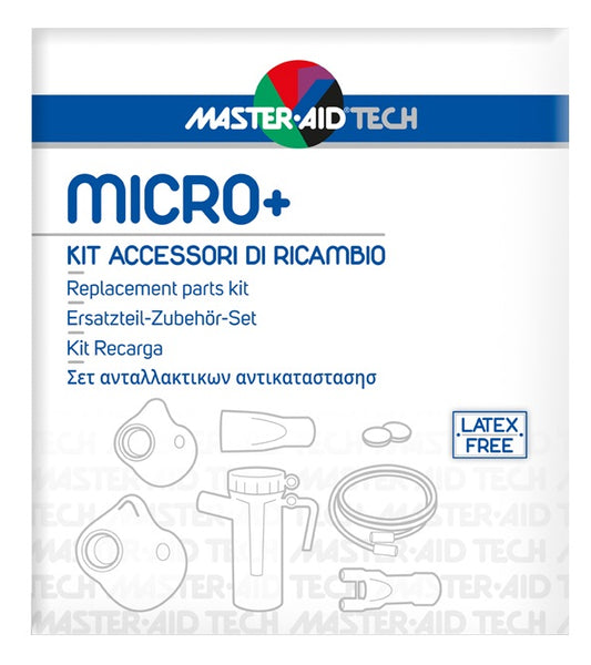 MASTER AID TECH MICRO+ REPLACEMENT ACCESSORY KIT: AMPOULE + ADULT MASK + PEDIATRIC MASK + 2 AIR FILTERS + MOUTHPIECE + NASAL FORK + PVC CONNECTION TUBE