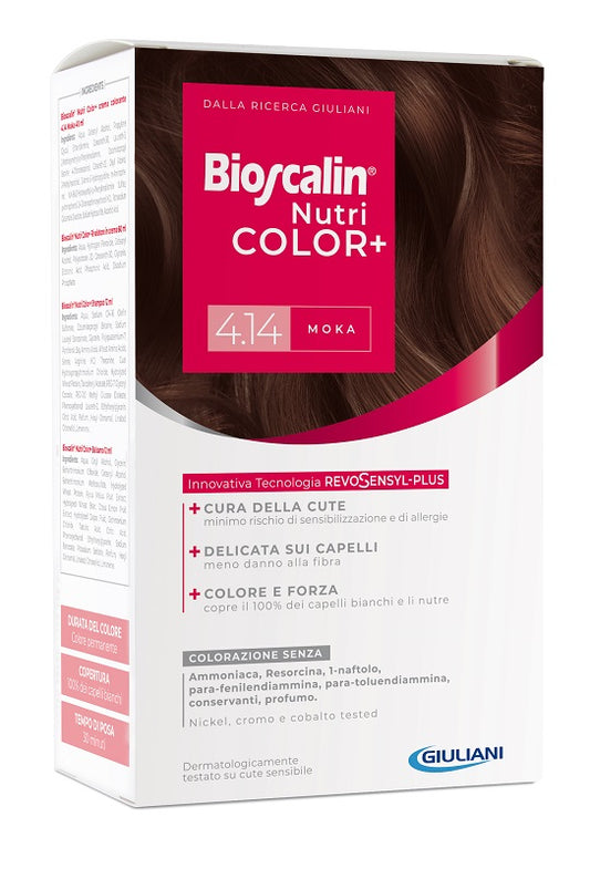 BIOSCALIN NUTRICOLOR PLUS 4.14 MOKA COLORING CREAM 40 ML + DEVELOPER CREAM 60 ML + SHAMPOO 12 ML + FINAL TREATMENT CONDITIONER 12 ML