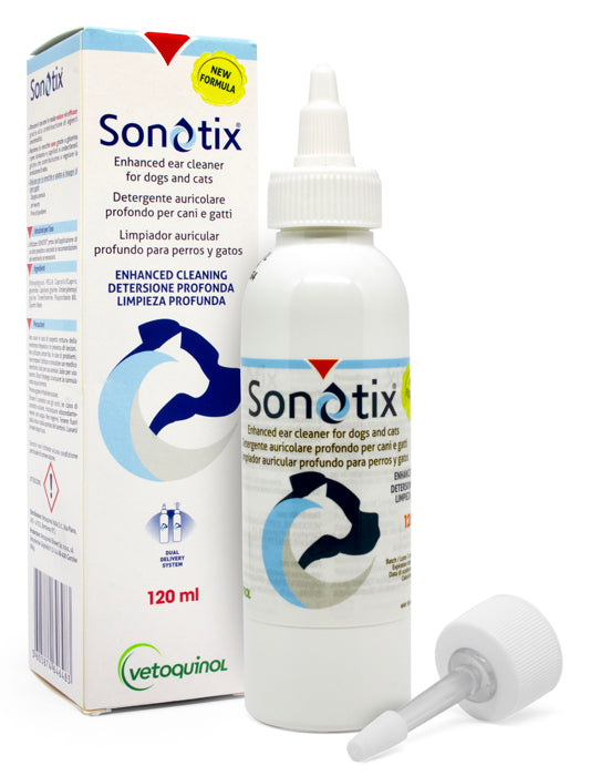 SONOTIX DEEP EAR CLEANER FOR DOGS AND CATS 120 ML + SHORT RIGID CANNULA + LONG FLEXIBLE CANNULA